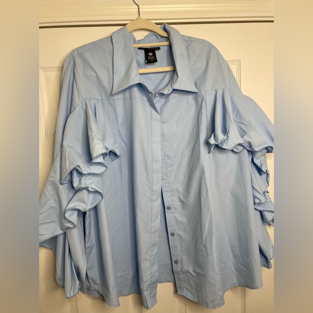 Ashley Stewart Light Blue Ruffle Sleeve Shirt